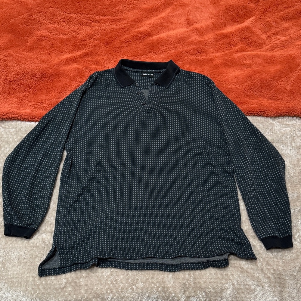 Claiborne Black and Gray Patterned Polo Shirt